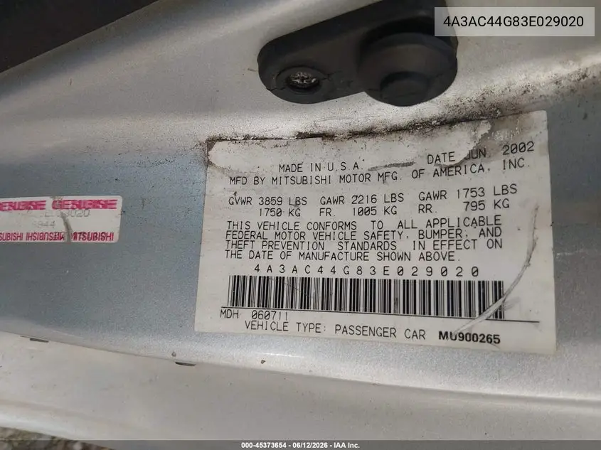 2003 Mitsubishi Eclipse Gs VIN: 4A3AC44G83E029020 Lot: 45373654