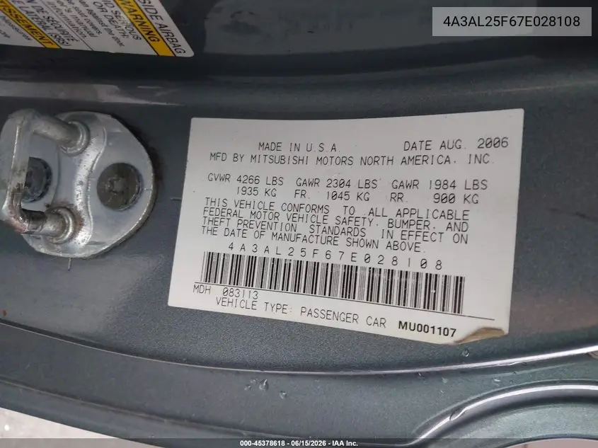 2007 Mitsubishi Eclipse Spyder Gs VIN: 4A3AL25F67E028108 Lot: 45378618