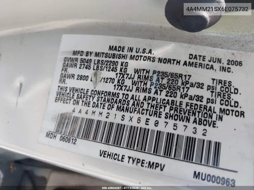 2006 Mitsubishi Endeavor Ls VIN: 4A4MM21SX6E075732 Lot: 45604297