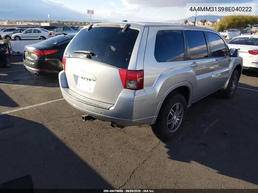 2008 Mitsubishi Endeavor Se VIN: 4A4MM31S98E040222 Lot: 45478680