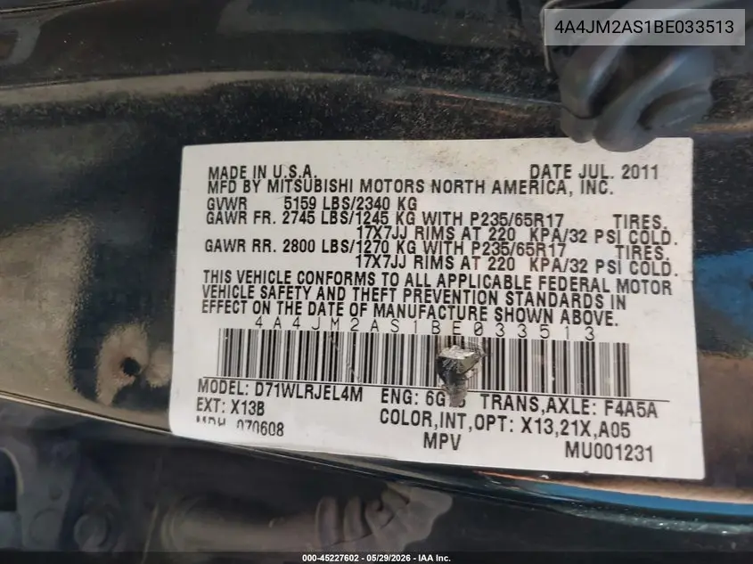 2011 Mitsubishi Endeavor Ls VIN: 4A4JM2AS1BE033513 Lot: 45227602