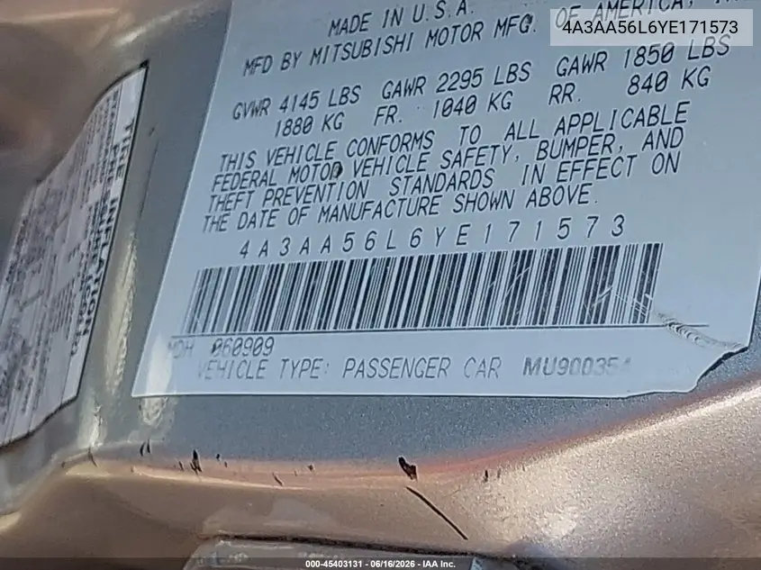 2000 Mitsubishi Galant Ls V6 VIN: 4A3AA56L6YE171573 Lot: 45403131