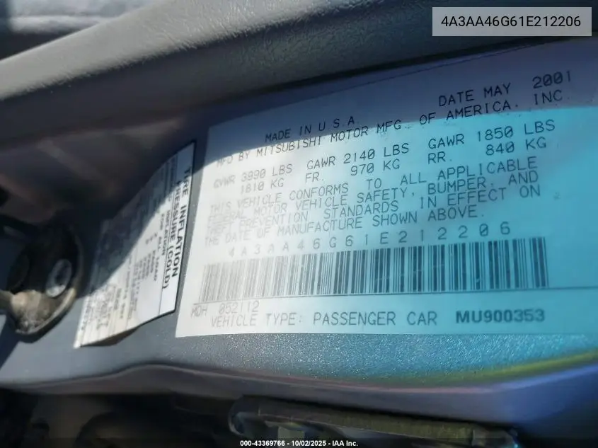 2001 Mitsubishi Galant Es VIN: 4A3AA46G61E212206 Lot: 43369766