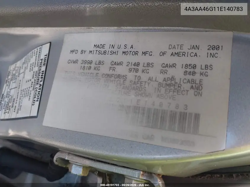 2001 Mitsubishi Galant Es VIN: 4A3AA46G11E140783 Lot: 45191703
