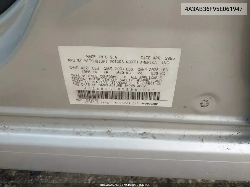 2005 Mitsubishi Galant Es/Se VIN: 4A3AB36F95E061947 Lot: 45592765