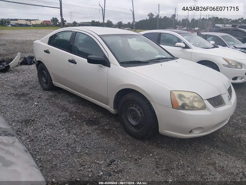2006 Mitsubishi Galant De VIN: 4A3AB26F06E071715 Lot: 45385045