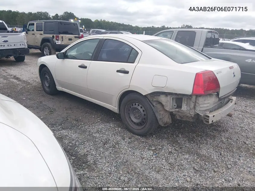 2006 Mitsubishi Galant De VIN: 4A3AB26F06E071715 Lot: 45385045