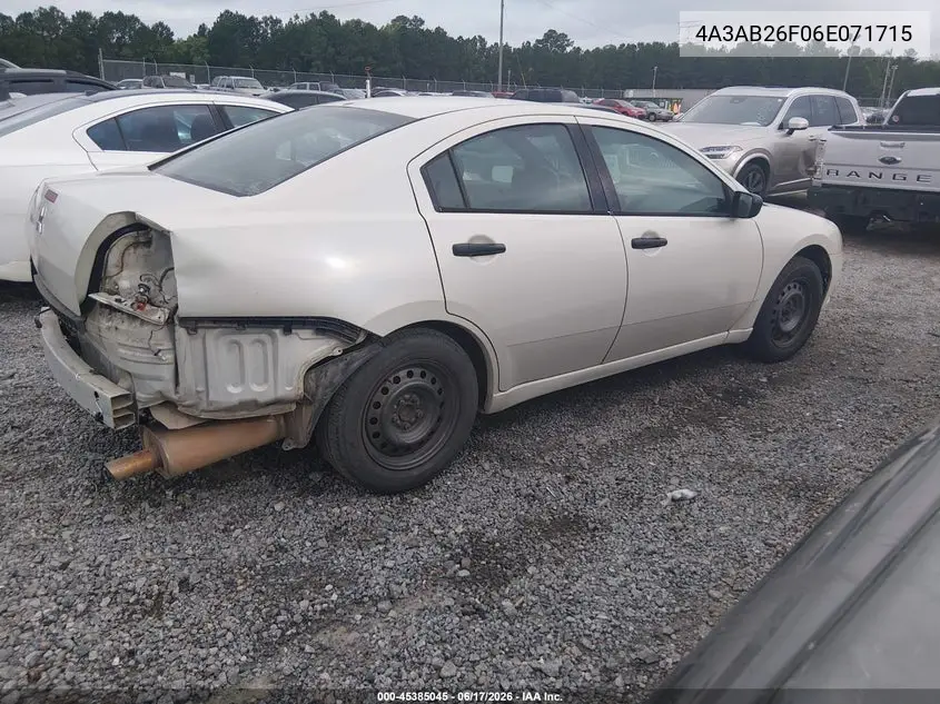 2006 Mitsubishi Galant De VIN: 4A3AB26F06E071715 Lot: 45385045