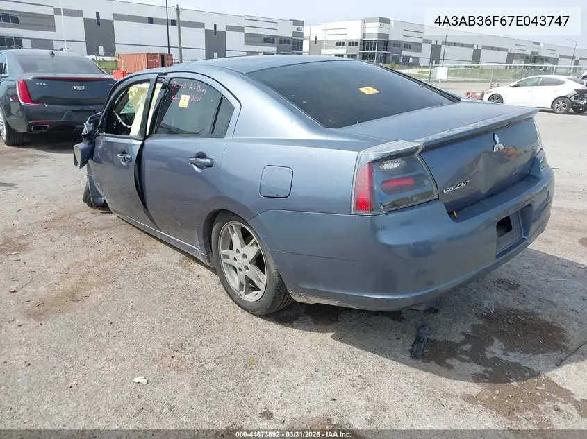 2007 Mitsubishi Galant Es/Se VIN: 4A3AB36F67E043747 Lot: 44673892