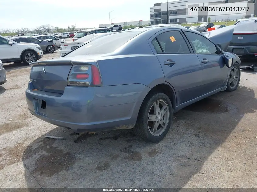 2007 Mitsubishi Galant Es/Se VIN: 4A3AB36F67E043747 Lot: 44673892