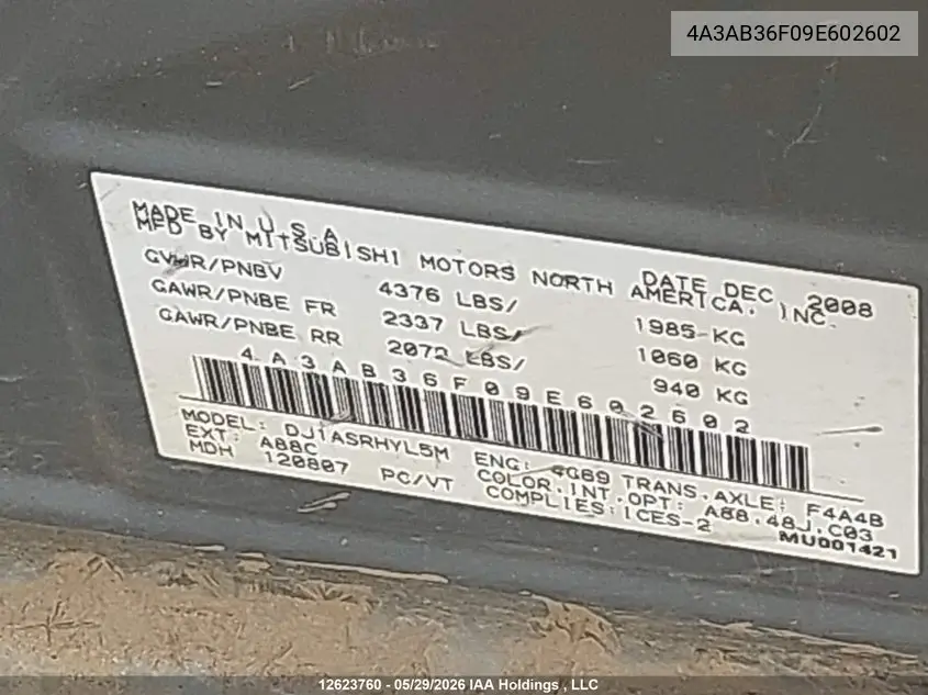 2009 Mitsubishi Galant Es VIN: 4A3AB36F09E602602 Lot: 12623760