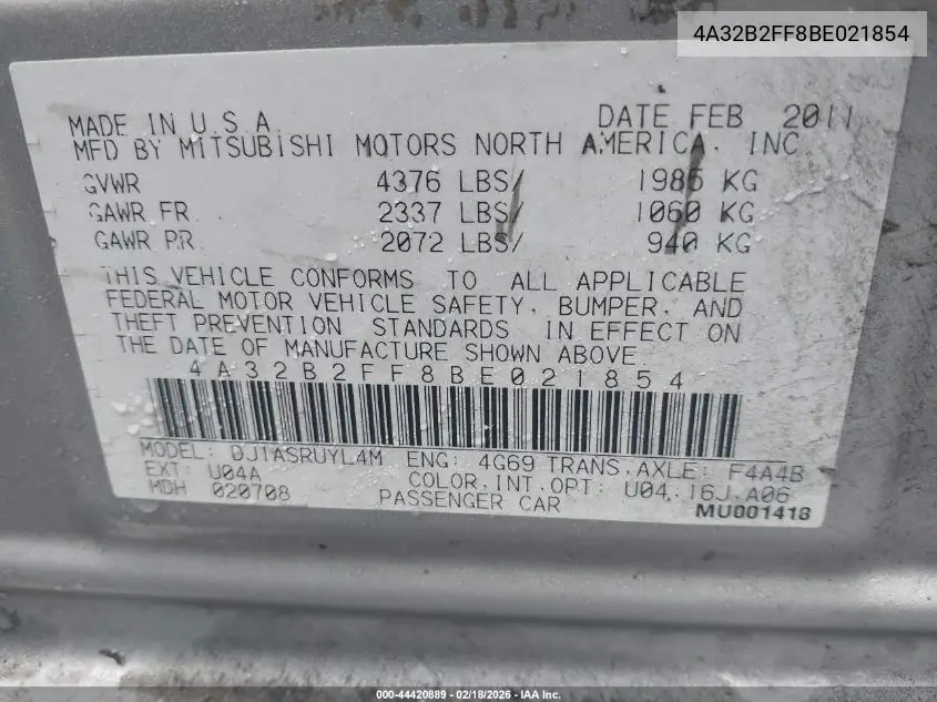 2011 Mitsubishi Galant Fe VIN: 4A32B2FF8BE021854 Lot: 44420889