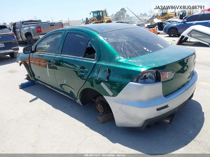 2008 Mitsubishi Lancer Evolution Gsr VIN: JA3AW86VX8U048791 Lot: 45117317
