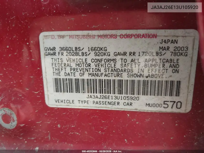 2003 Mitsubishi Lancer Es VIN: JA3AJ26E13U105920 Lot: 45202666
