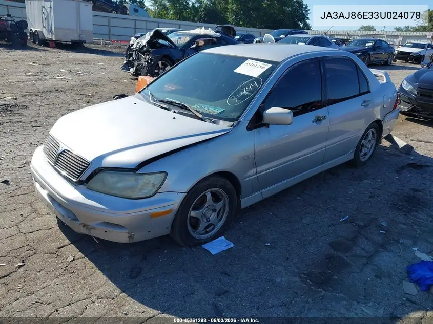 2003 Mitsubishi Lancer Oz Rally VIN: JA3AJ86E33U024078 Lot: 45261298