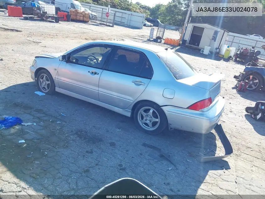 2003 Mitsubishi Lancer Oz Rally VIN: JA3AJ86E33U024078 Lot: 45261298