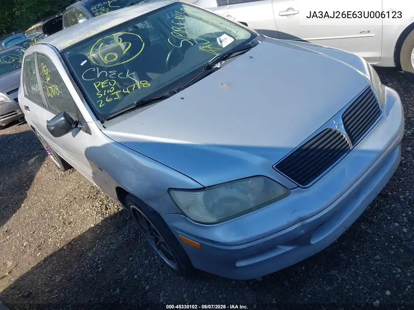 2003 Mitsubishi Lancer Es VIN: JA3AJ26E63U006123 Lot: 45330102