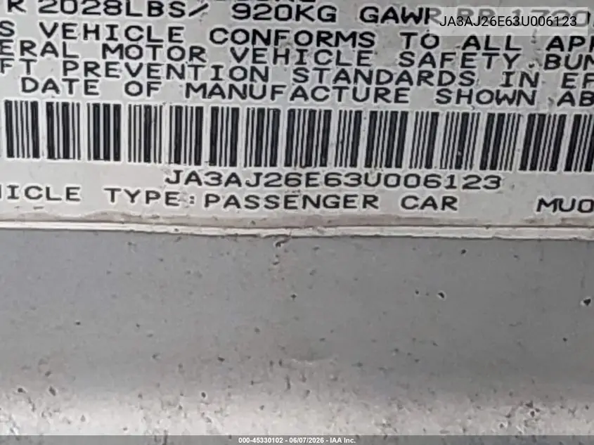 2003 Mitsubishi Lancer Es VIN: JA3AJ26E63U006123 Lot: 45330102