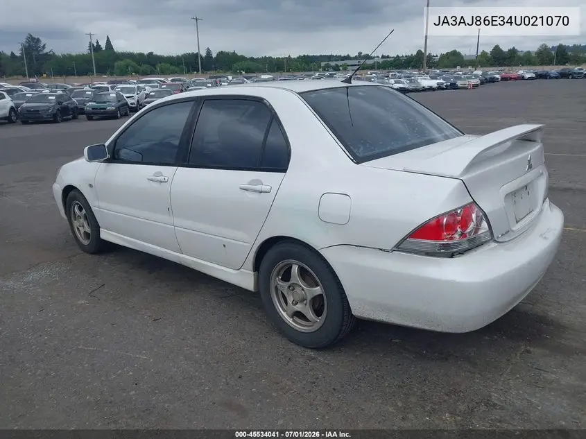 2004 Mitsubishi Lancer Oz Rally VIN: JA3AJ86E34U021070 Lot: 45534041