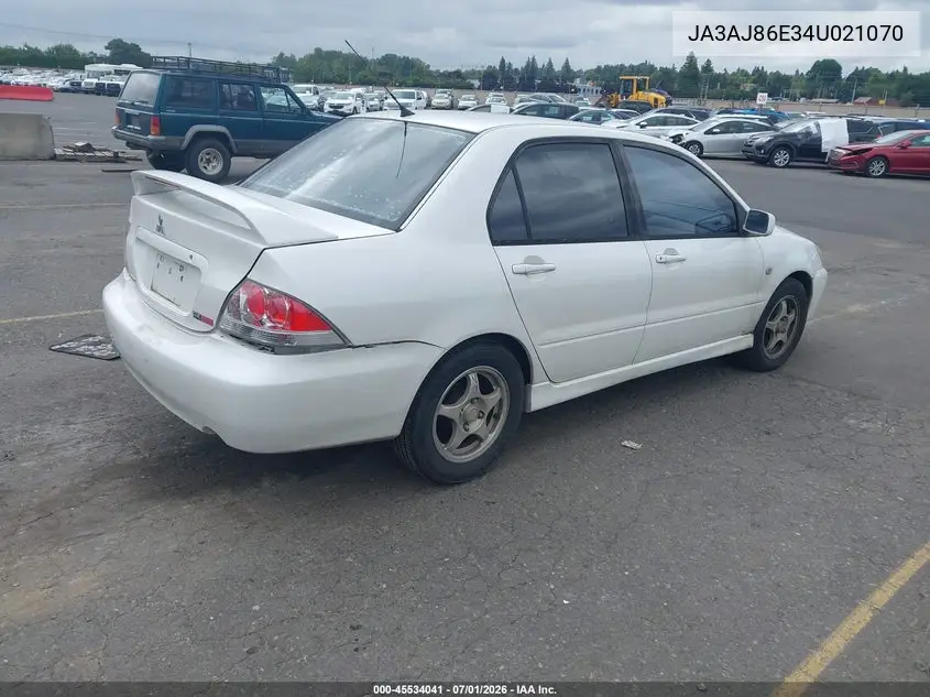 2004 Mitsubishi Lancer Oz Rally VIN: JA3AJ86E34U021070 Lot: 45534041