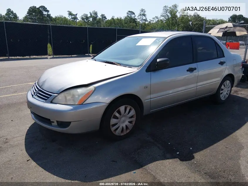 2006 Mitsubishi Lancer Es/Se VIN: JA3AJ26E46U070701 Lot: 45529739