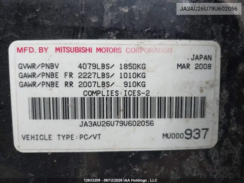 2009 Mitsubishi Lancer Es/Es Sport VIN: JA3AU26U79U602056 Lot: 12633209