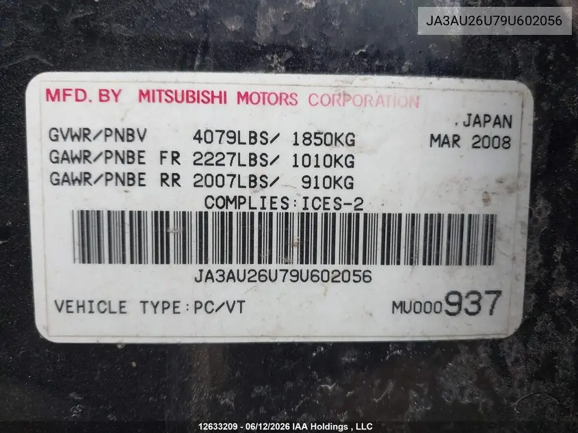 2009 Mitsubishi Lancer Es/Es Sport VIN: JA3AU26U79U602056 Lot: 12633209