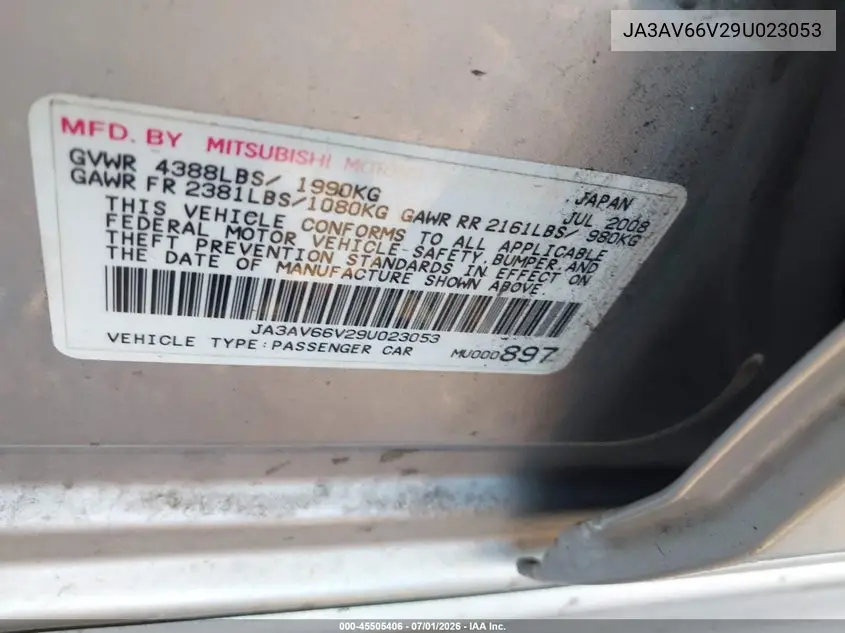 2009 Mitsubishi Lancer Ralliart VIN: JA3AV66V29U023053 Lot: 45505406