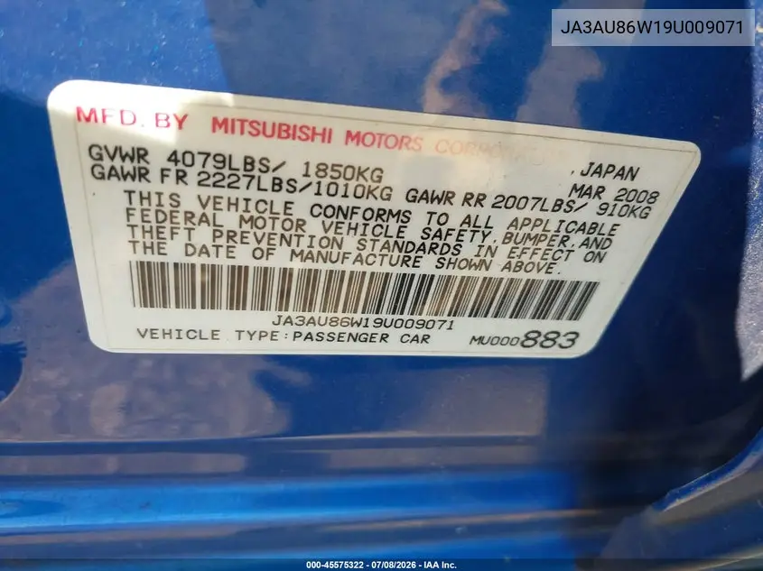 2009 Mitsubishi Lancer Gts VIN: JA3AU86W19U009071 Lot: 45575322