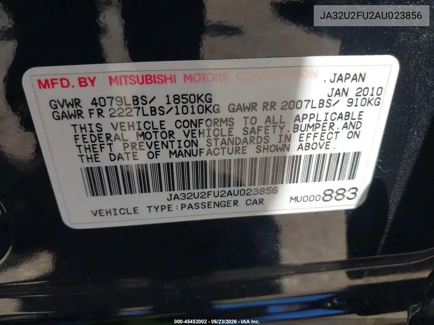 2010 Mitsubishi Lancer Es VIN: JA32U2FU2AU023856 Lot: 45452002