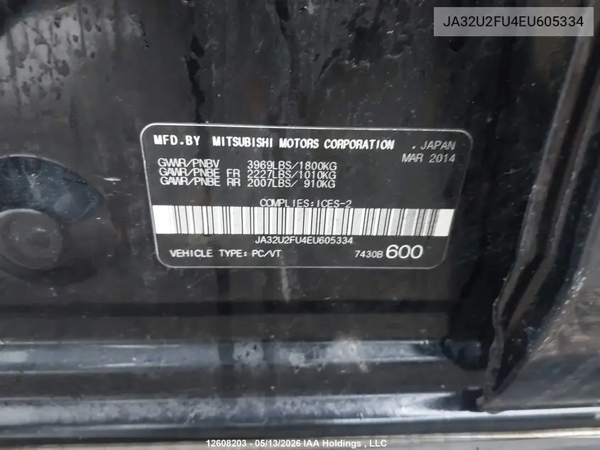 2014 Mitsubishi Lancer Es/Es Sport VIN: JA32U2FU4EU605334 Lot: 12608203