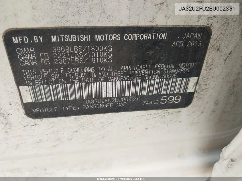 2014 Mitsubishi Lancer Es VIN: JA32U2FU2EU002351 Lot: 45600099