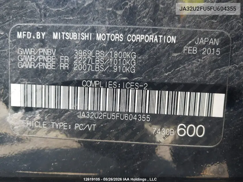 2015 Mitsubishi Lancer Gt/Se VIN: JA32U2FU5FU604355 Lot: 12619105