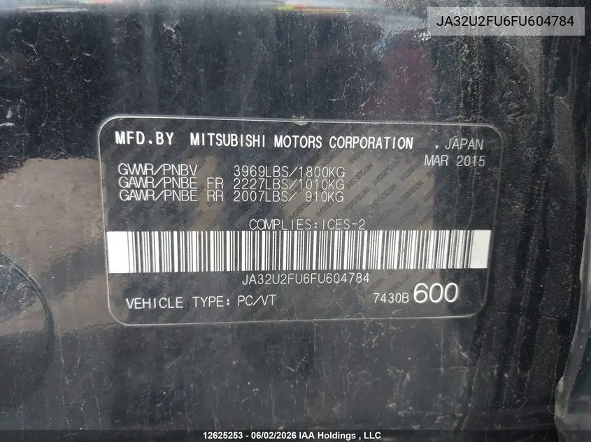 2015 Mitsubishi Lancer Gt/Se VIN: JA32U2FU6FU604784 Lot: 12625253