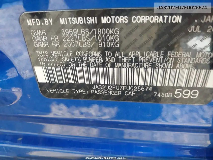 2015 Mitsubishi Lancer Es VIN: JA32U2FU7FU025674 Lot: 45344856