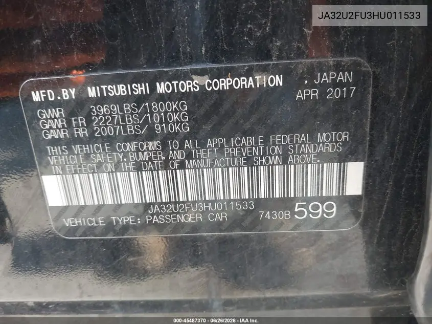 2017 Mitsubishi Lancer Le VIN: JA32U2FU3HU011533 Lot: 45487370