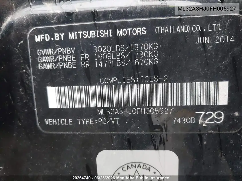 2015 Mitsubishi Mirage Es VIN: ML32A3HJ0FH005927 Lot: 20264740