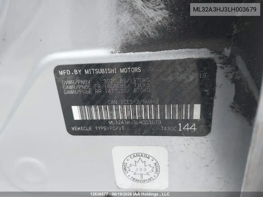 2020 Mitsubishi Mirage Es/Se VIN: ML32A3HJ3LH003679 Lot: 12636577