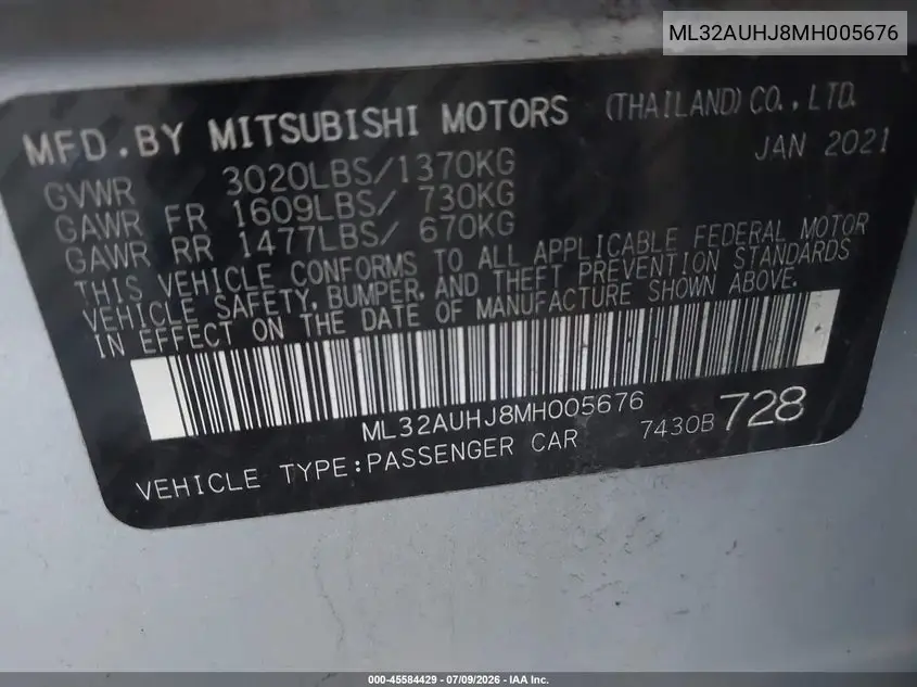 2021 Mitsubishi Mirage Carbonite Edition/Es/Le VIN: ML32AUHJ8MH005676 Lot: 45584429