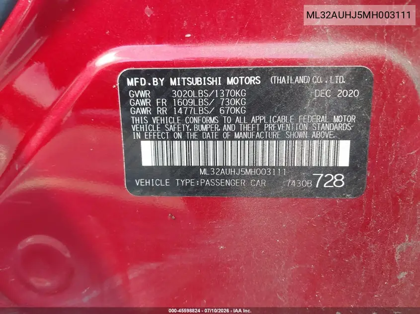 2021 Mitsubishi Mirage Carbonite Edition/Es/Le VIN: ML32AUHJ5MH003111 Lot: 45598824