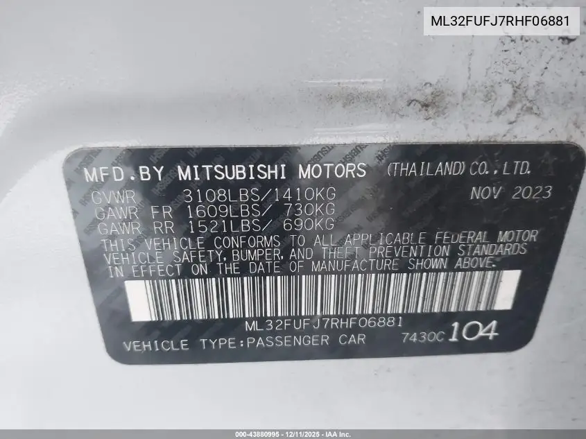 ML32FUFJ7RHF06881 2024 Mitsubishi Mirage G4 Es