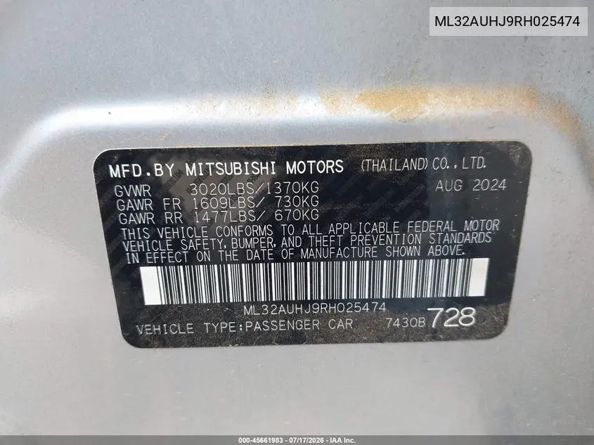 2024 Mitsubishi Mirage Es/Le VIN: ML32AUHJ9RH025474 Lot: 45661983