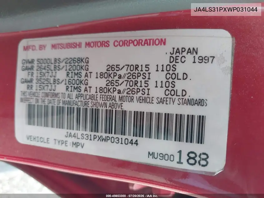 1998 Mitsubishi Montero Sport Ls VIN: JA4LS31PXWP031044 Lot: 45653300