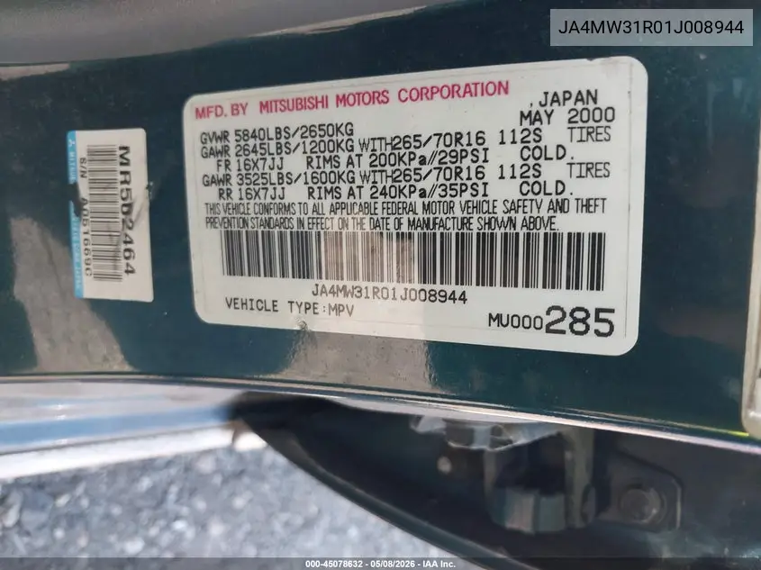 2001 Mitsubishi Montero Xls VIN: JA4MW31R01J008944 Lot: 45078632