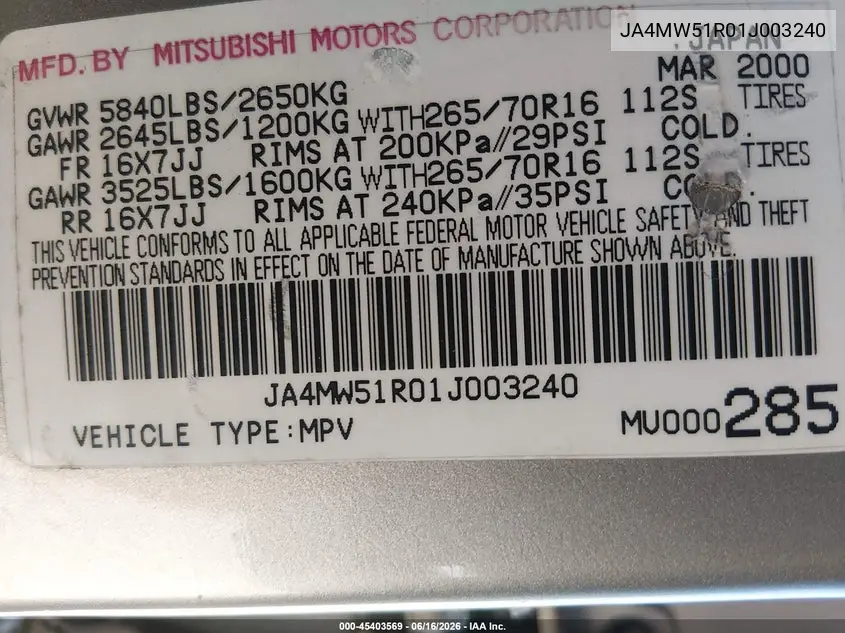 2001 Mitsubishi Montero Limited VIN: JA4MW51R01J003240 Lot: 45403569