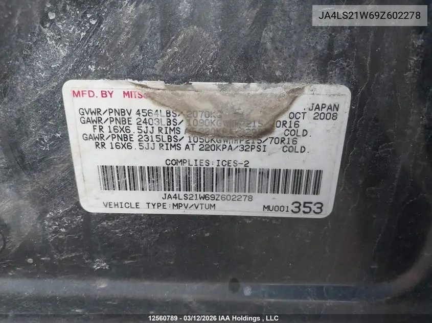 2009 Mitsubishi Outlander Es VIN: JA4LS21W69Z602278 Lot: 12560789