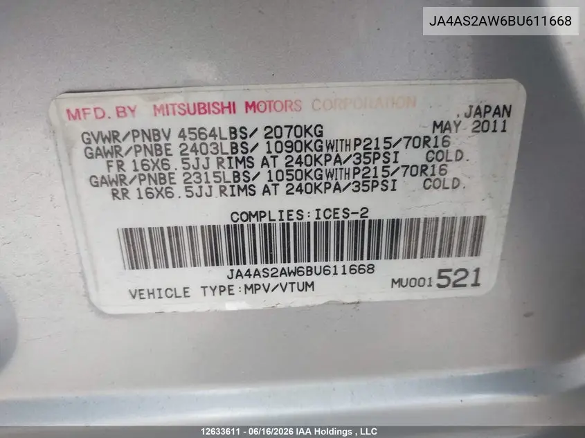 2011 Mitsubishi Outlander Es VIN: JA4AS2AW6BU611668 Lot: 12633611