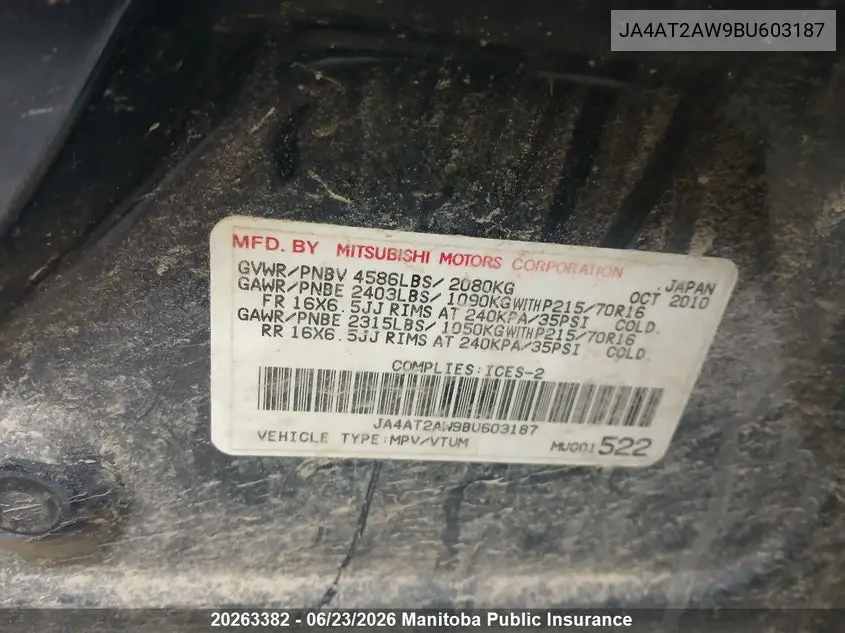 2011 Mitsubishi Outlander Es VIN: JA4AT2AW9BU603187 Lot: 20263382