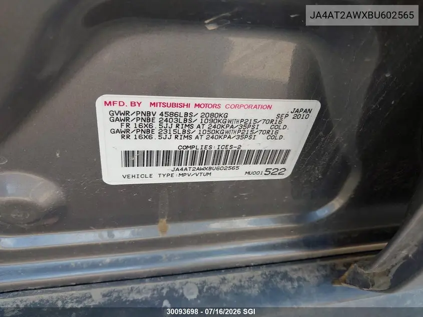 2011 Mitsubishi Outlander Es VIN: JA4AT2AWXBU602565 Lot: 30093698