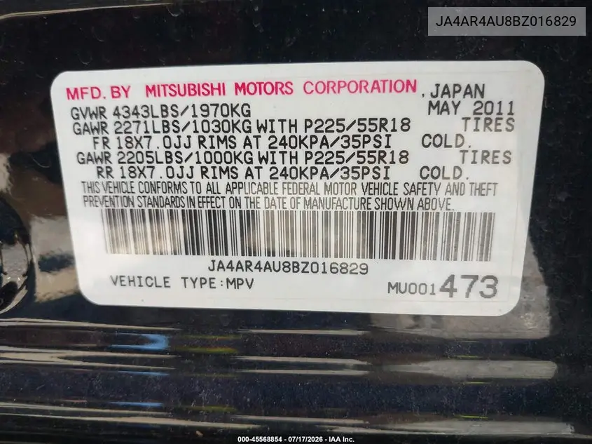 2011 Mitsubishi Outlander Sport Se VIN: JA4AR4AU8BZ016829 Lot: 45568854
